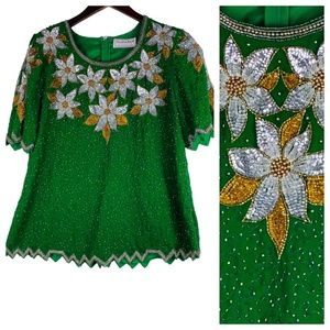 Vtg Creative Touch Large XL Top Shirt Beaded Green Floral Cocktail Evening Party